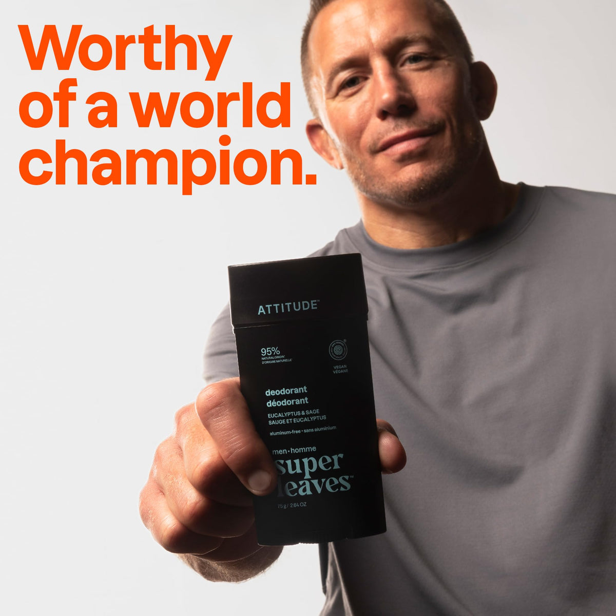 Attitude Men's Patchouli & Bourbon Deodorant in a champion's hand; 95% natural ingredients, Verified by CuratCart.
