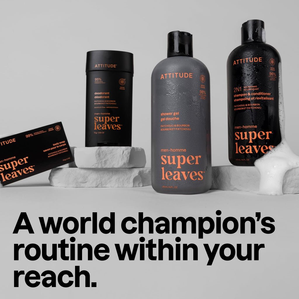 Authentic Attitude Men's Patchouli & Bourbon Deodorant with eco-friendly design, showcasing shower gel and shampoo.