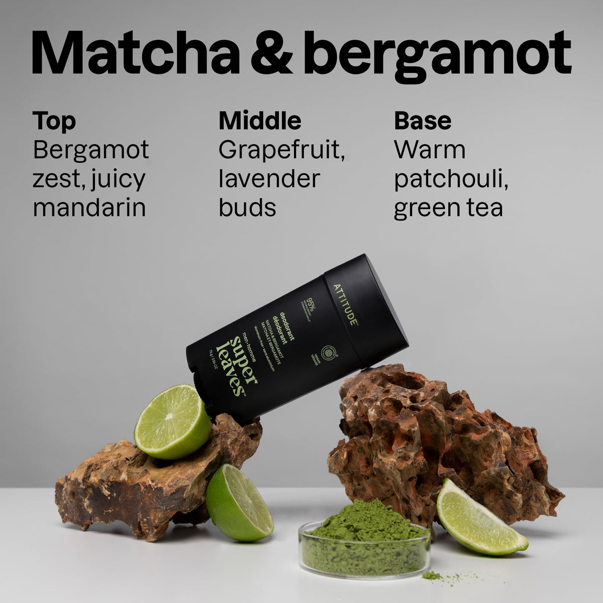 Premium imported Attitude Men's Deodorant featuring patchouli, bourbon, and green tea scent in sleek packaging.