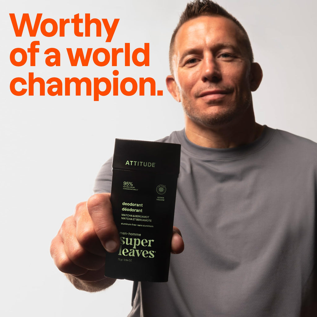 A man displays Attitude Men's Patchouli & Bourbon deodorant. Available in India, order online for a champion's choice.