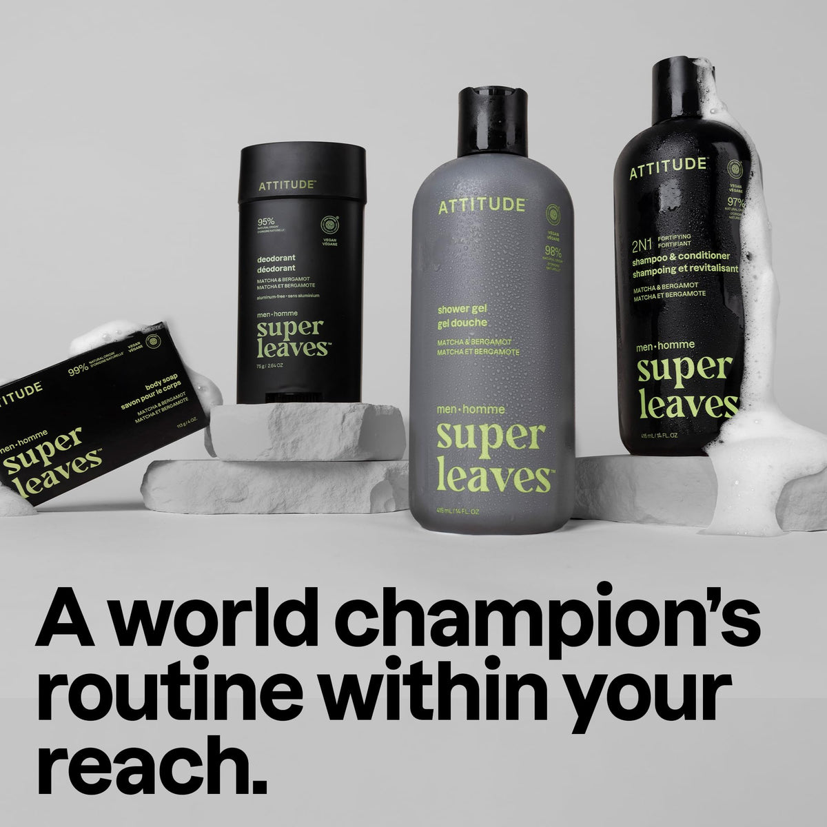 Attitude Men's Patchouli & Bourbon Deodorant in sleek packaging, part of a super leaves line for an eco-friendly grooming routine.