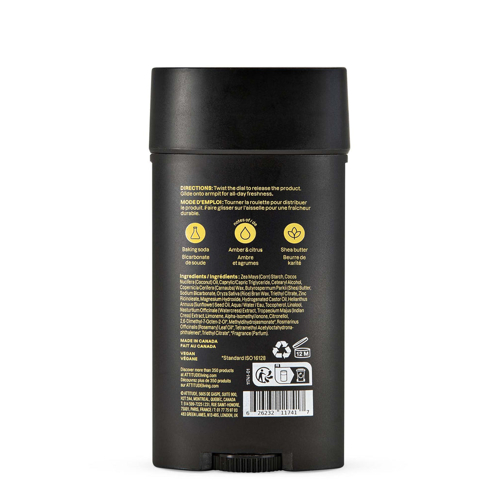 Imported Attitude Men's Patchouli & Bourbon Deodorant, featuring a sleek black design and eco-friendly ingredients.