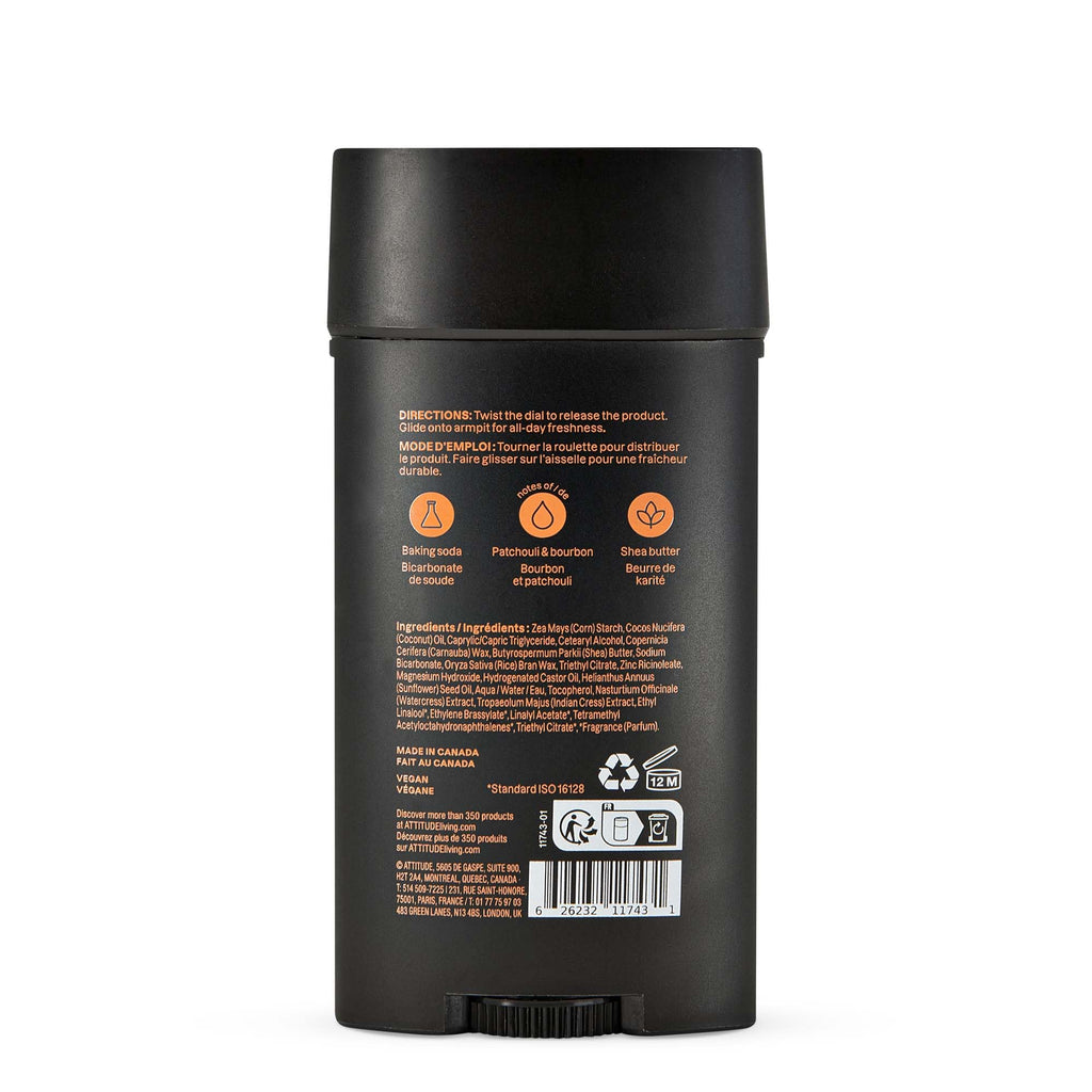 Premium imported Attitude Men's Deodorant with Patchouli and Bourbon, offering long-lasting freshness in a sleek, eco-friendly package.