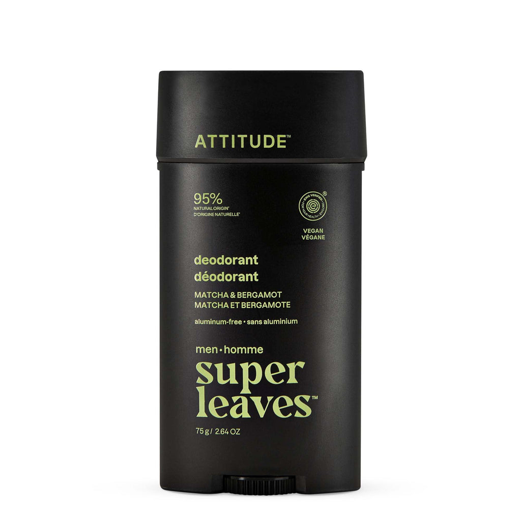 ATTITUDE Men's Patchouli & Bourbon deodorant, vegan and aluminum-free, in a sleek black stick. Verified by CuratCart.