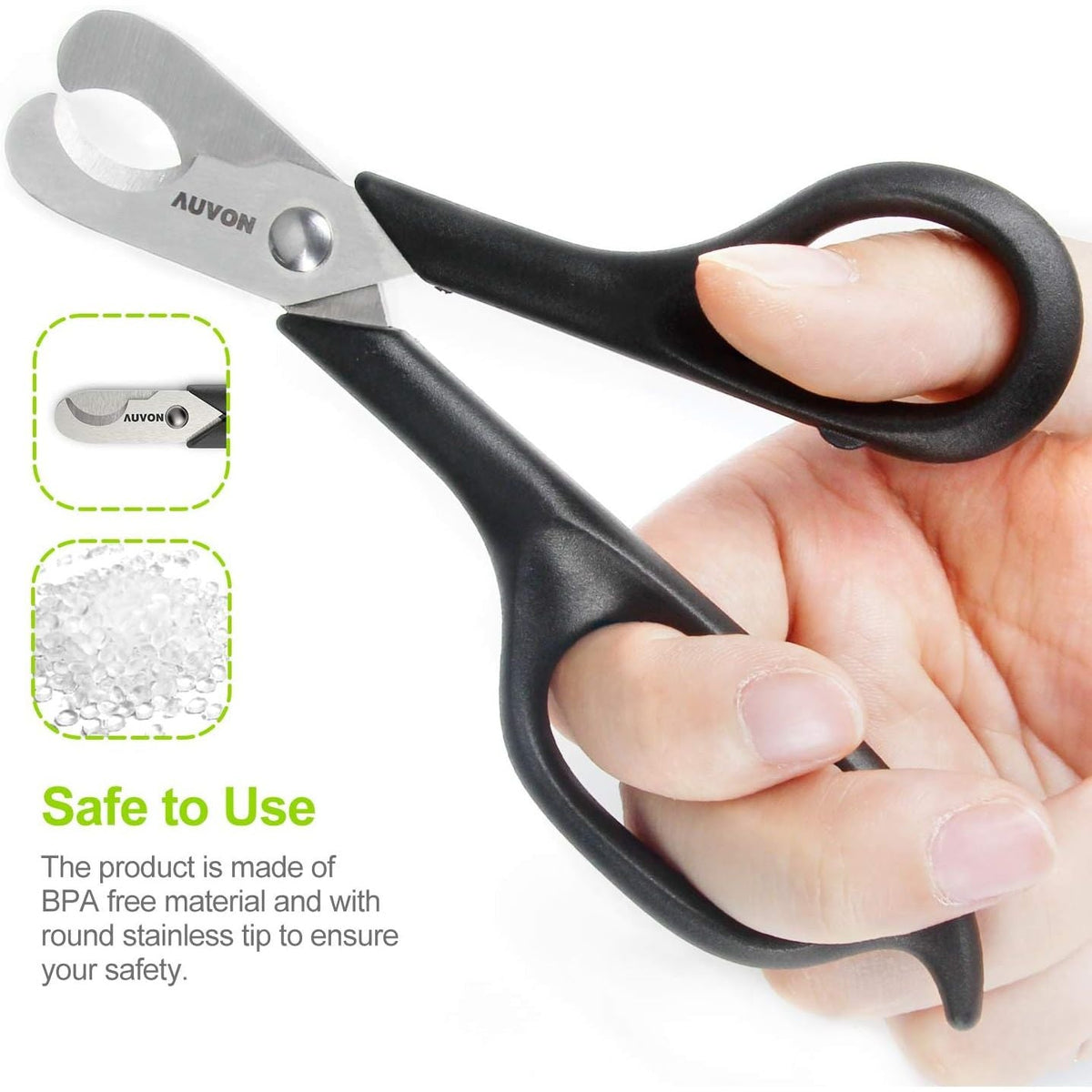 AUVON pill cutter shown in hand, made from BPA-free materials for your safety. Verified by CuratCart for trust.