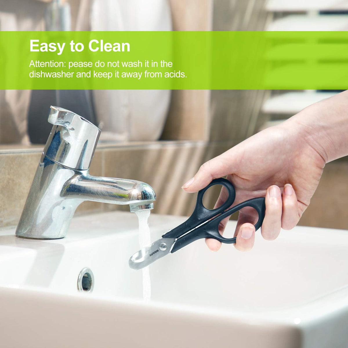 AUVON Pill Cutter showcased in a clean setting, emphasizing easy cleaning. Original packaging highlights user-friendly design.