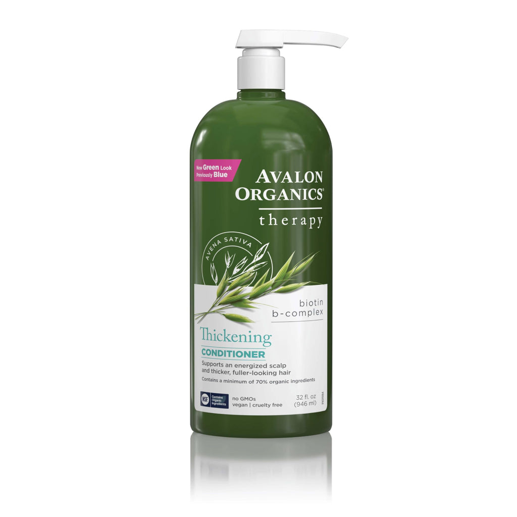 Authentic Avalon Organics Thickening Conditioner promotes healthy hair growth, enriched with biotin and a B-complex formula.