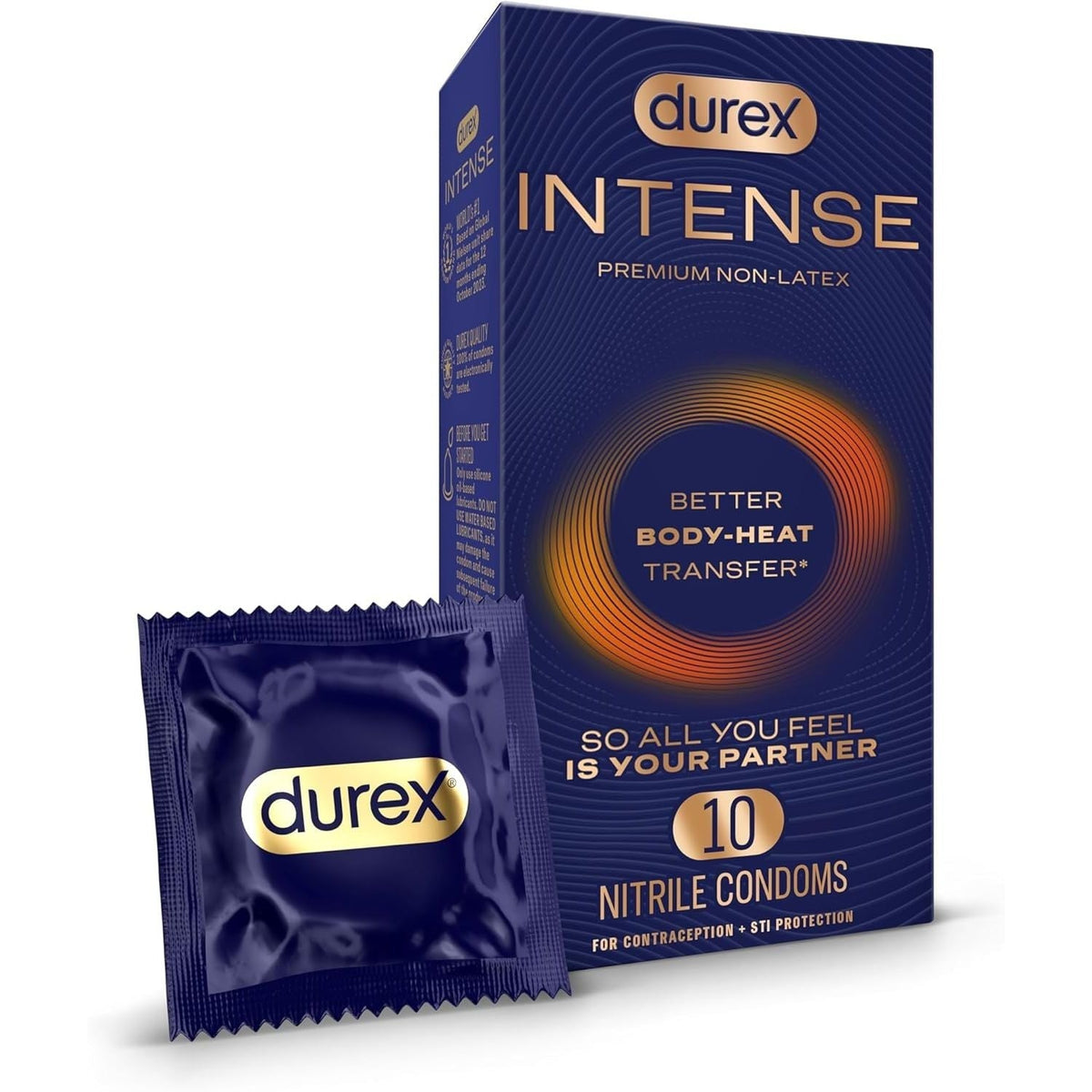 Premium imported Durex Intense condoms for enhanced pleasure and protection, featuring 10 nitrile condoms in a sleek design.