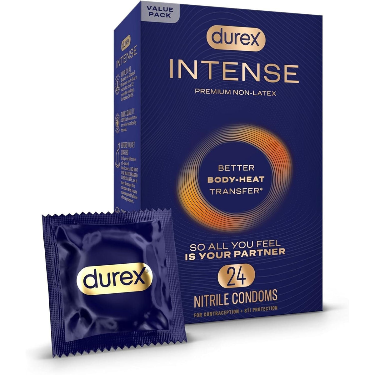 Durex Intense condoms in a value pack, featuring 24 nitrile condoms for enhanced pleasure and protection.