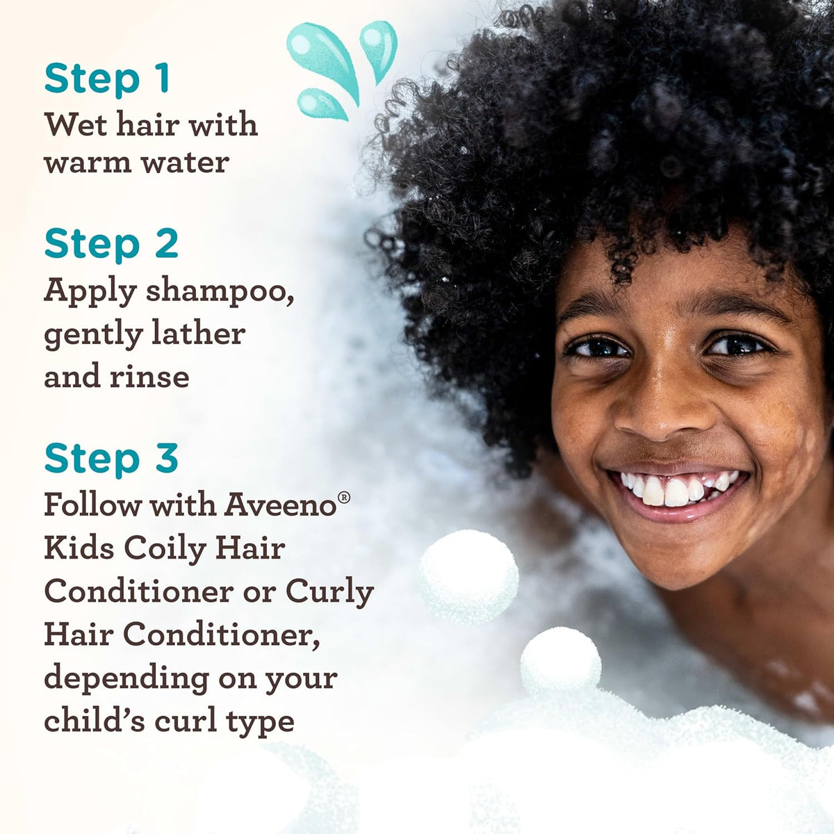 A joyful child with curly hair demonstrates the use of Aveeno Kids Curly Hair Shampoo. Verified by CuratCart for quality care.