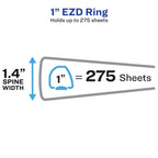 Avery Durable View Binder features a 1" EZD ring that holds up to 275 sheets, showcasing high-quality material. Available at Curat Cart.