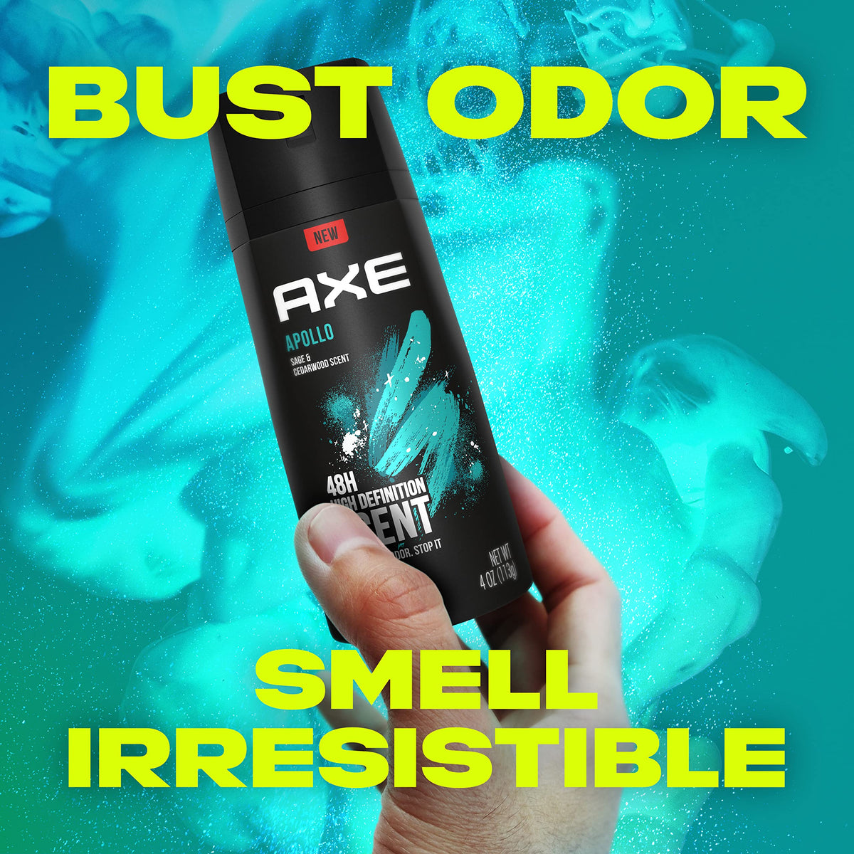 Premium imported AXE Apollo Body Spray deodorant offers 48-hour odor protection and irresistible fragrance.