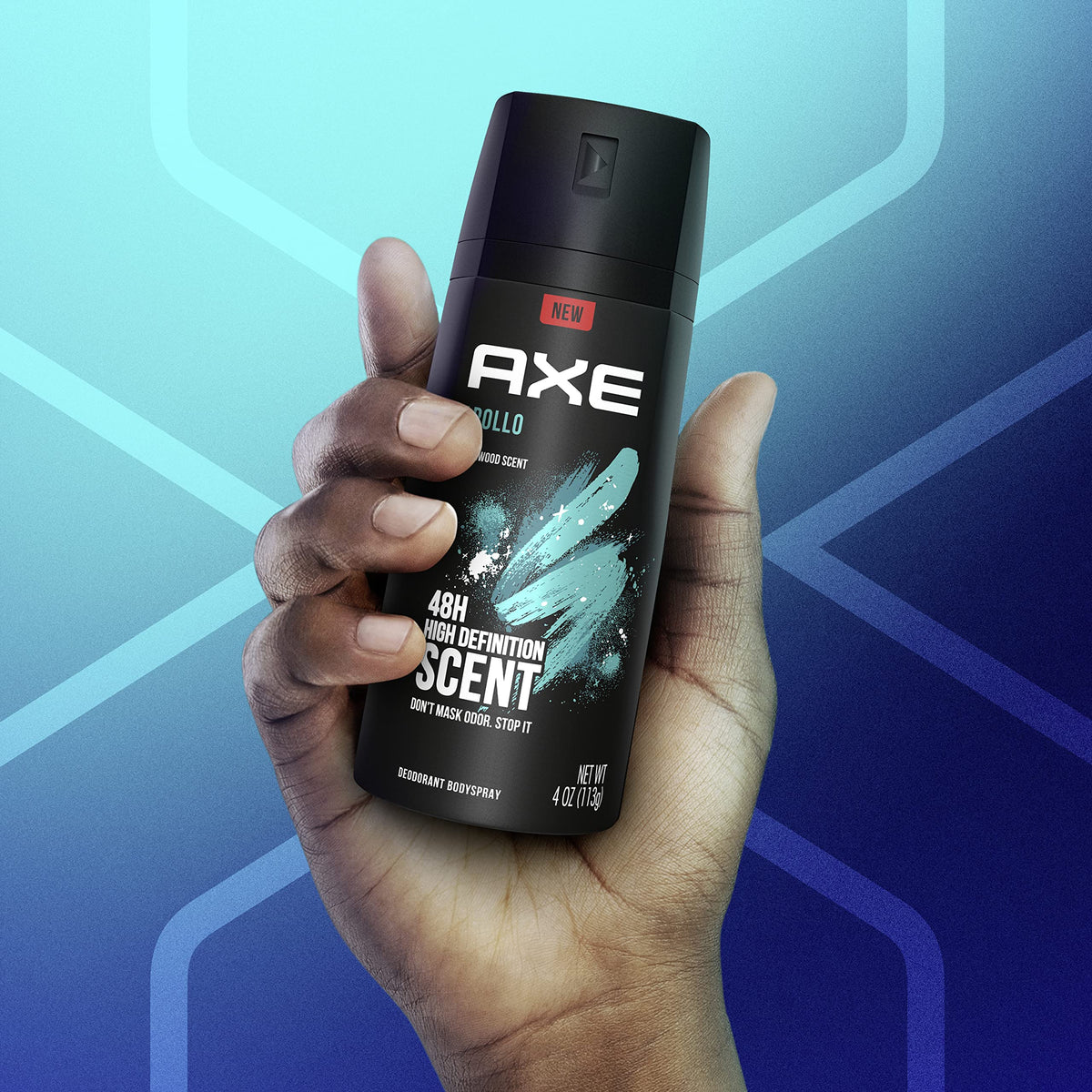 AXE Apollo Body Spray deodorant in hand, featuring 48H high definition scent, original packaging, and vibrant design.