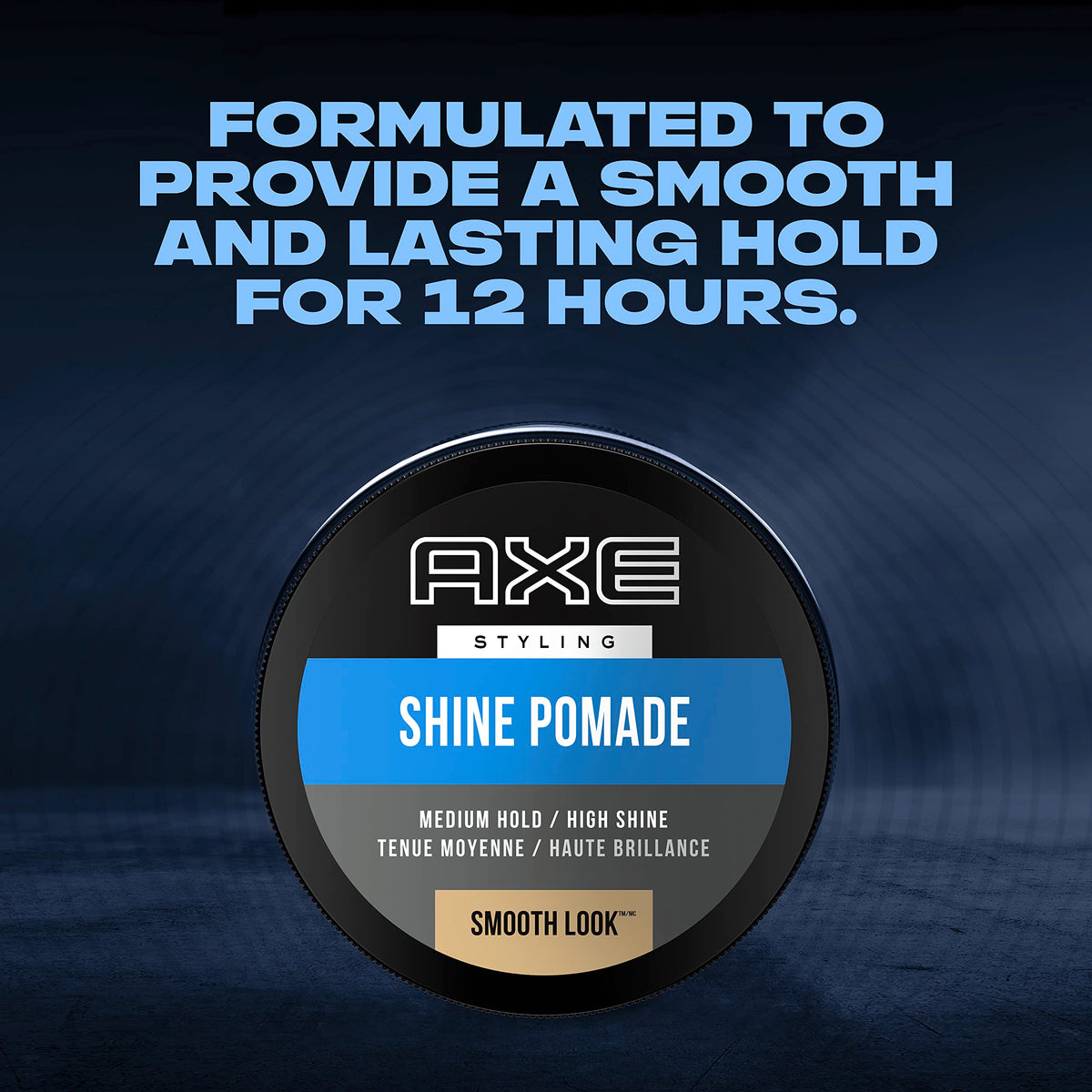 AXE Smooth Look Hair Pomade jar with a sleek design, promising smoothness and a 12-hour hold for stylish hair.