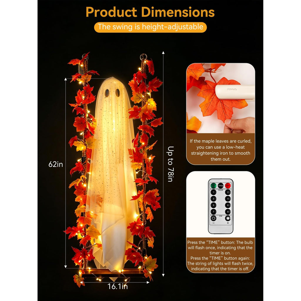 Hanging Ghost Decor with Swing features adjustable height and vibrant autumn leaves. Perfect for festive ambiance. Available at Curat Cart.