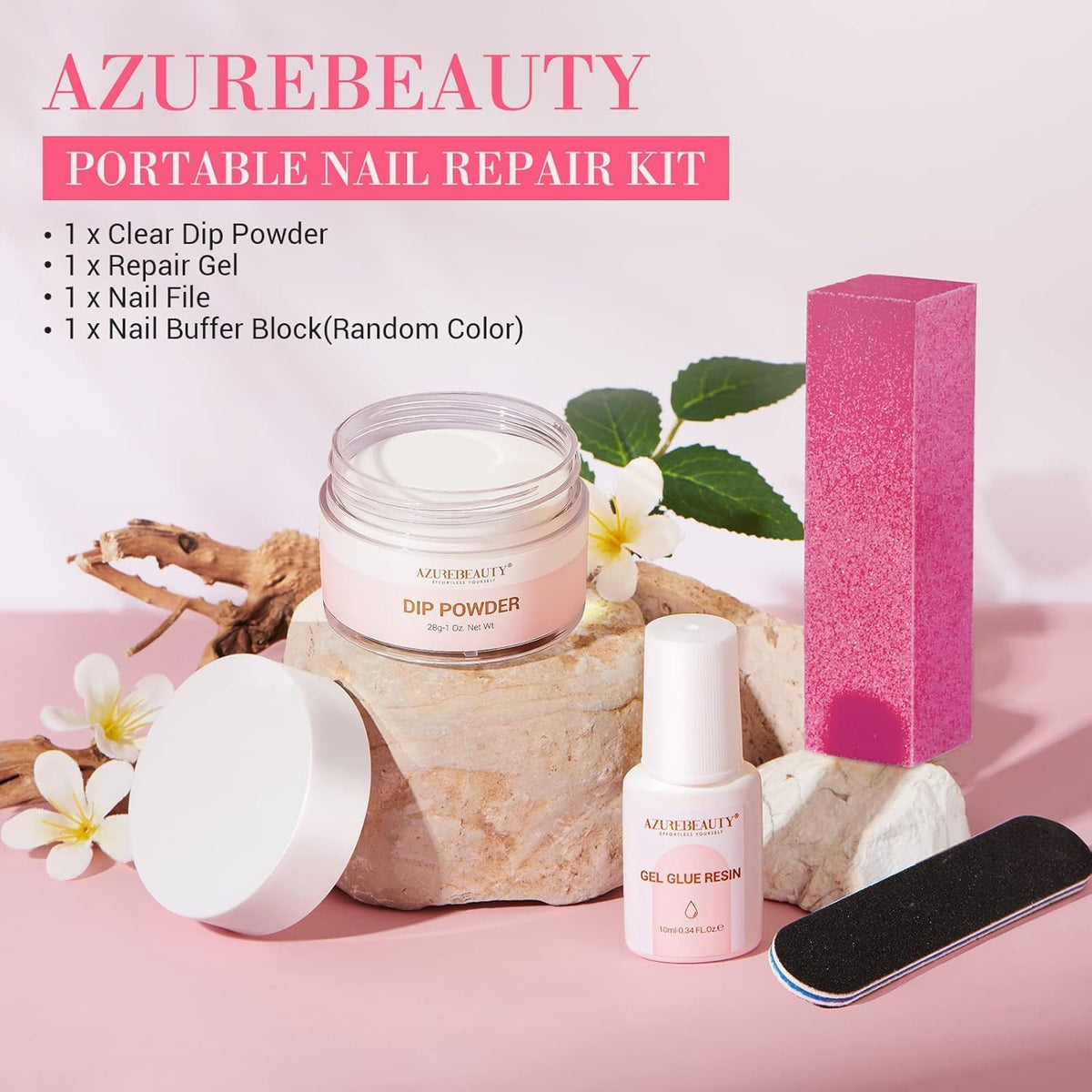 Premium imported AzureBeauty Nail Repair Kit featuring clear dip powder, repair gel, nail file, and buffer block.