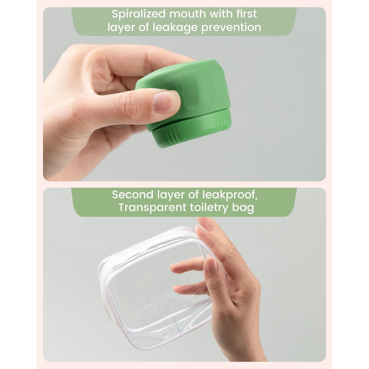 Authentic Mrsdry travel containers featuring spiralized mouth and transparent bag for secure, leakproof storage.