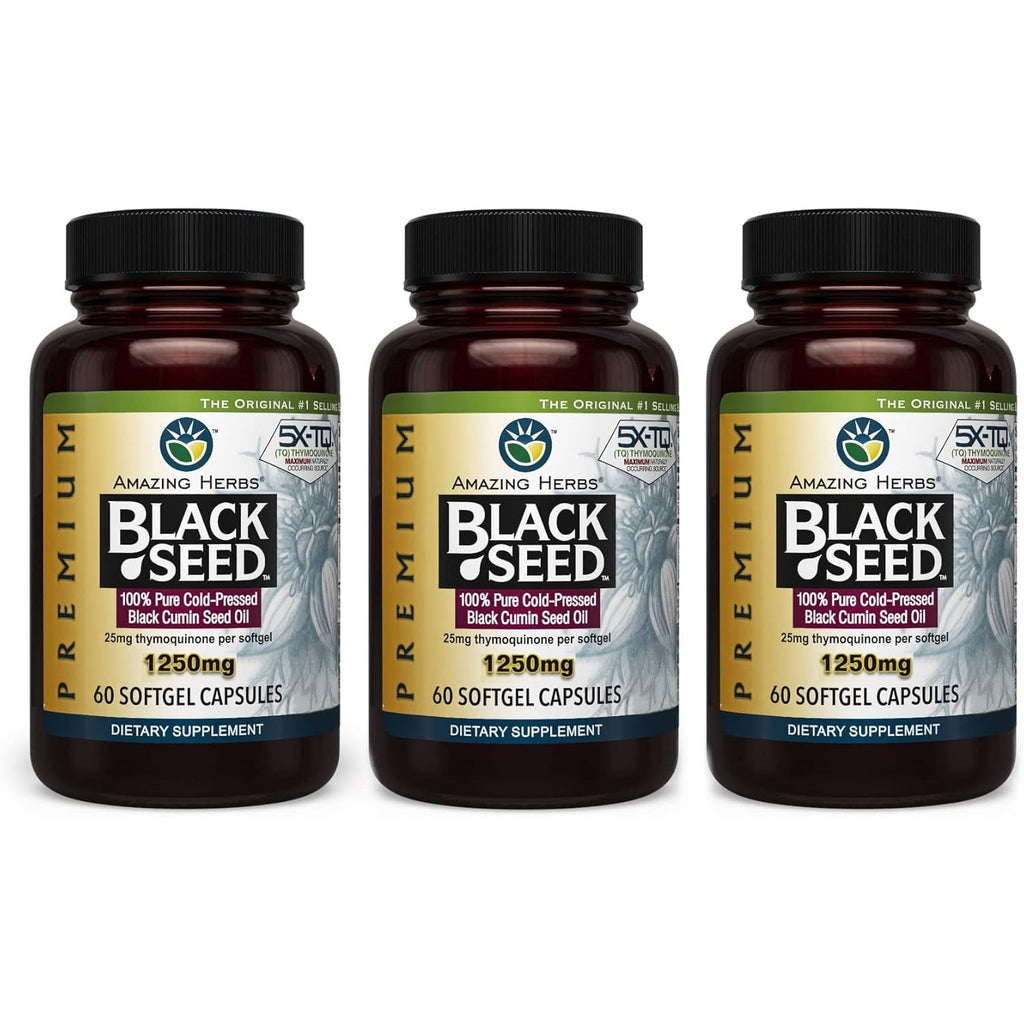 Amazing Herbs Premium Black Seed Oil - 60 Count Softgels, 1250mg | Capsules, Pressed Nigella Sativa for Women & Men, Aids in Digestive Health, Normal Immune & Brain Support