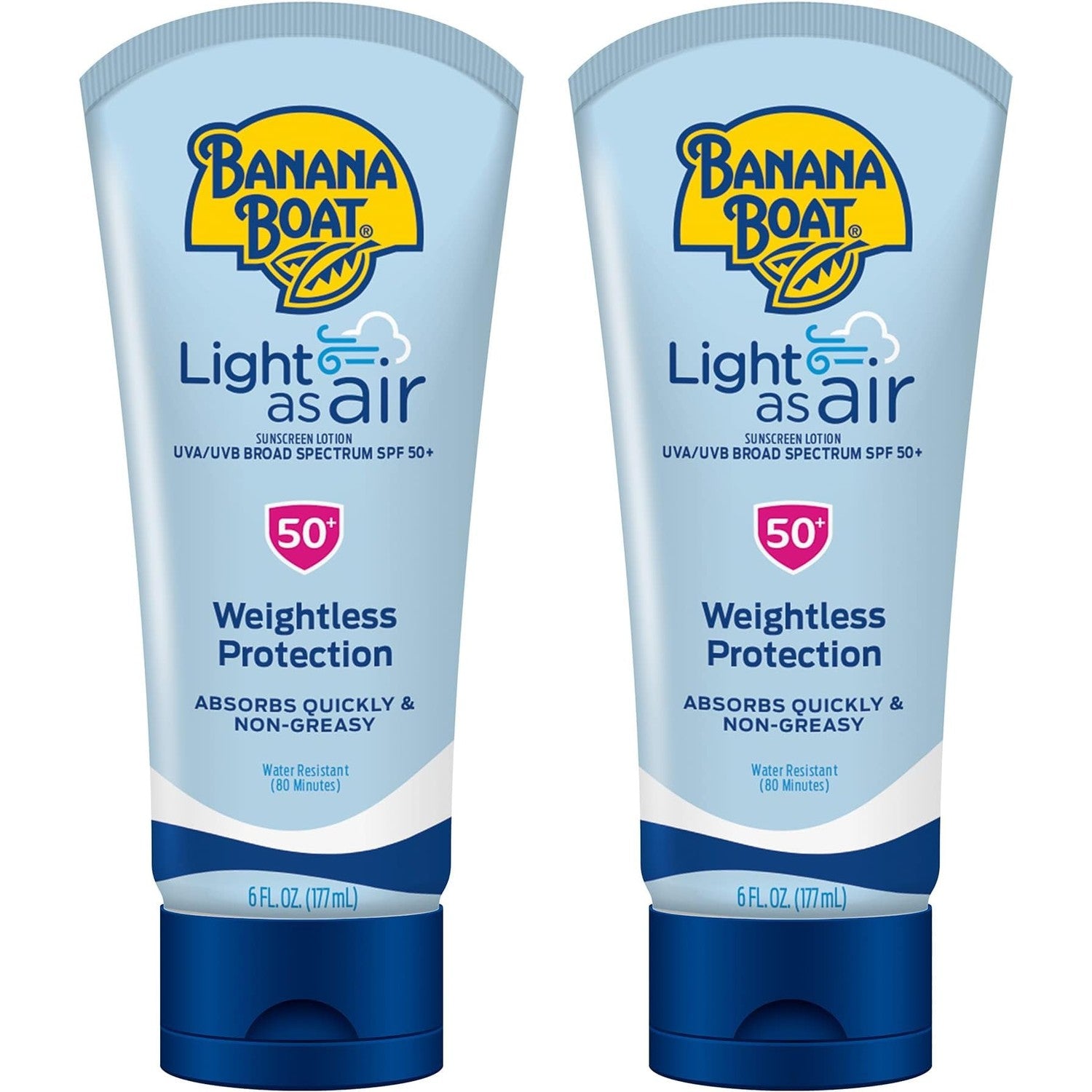 Banana Boat Light As Air Sunscreen Lotion SPF 50, 6 Fl Oz (2 Pack) | Water and sweat resistant sunblock, UVA/UVB broad spectrum protection, Lightweight formula, Sunscreen for face and body
