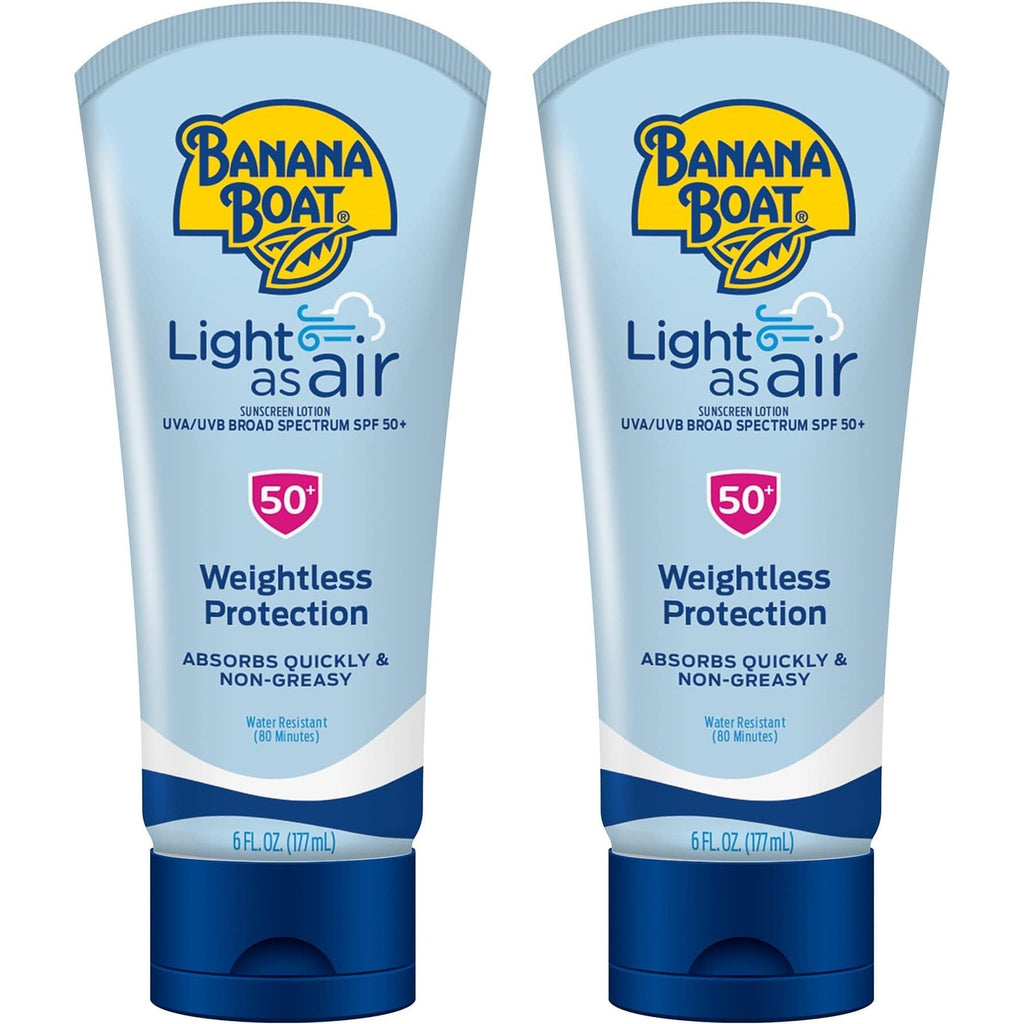 Banana Boat Light As Air Sunscreen Lotion SPF 50, 6 Fl Oz (2 Pack) | Water and sweat resistant sunblock, UVA/UVB broad spectrum protection, Lightweight formula, Sunscreen for face and body