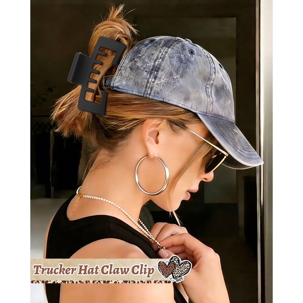 A woman wearing a baseball cap uses a claw clip to secure her hair. Verified by CuratCart for quality and style.