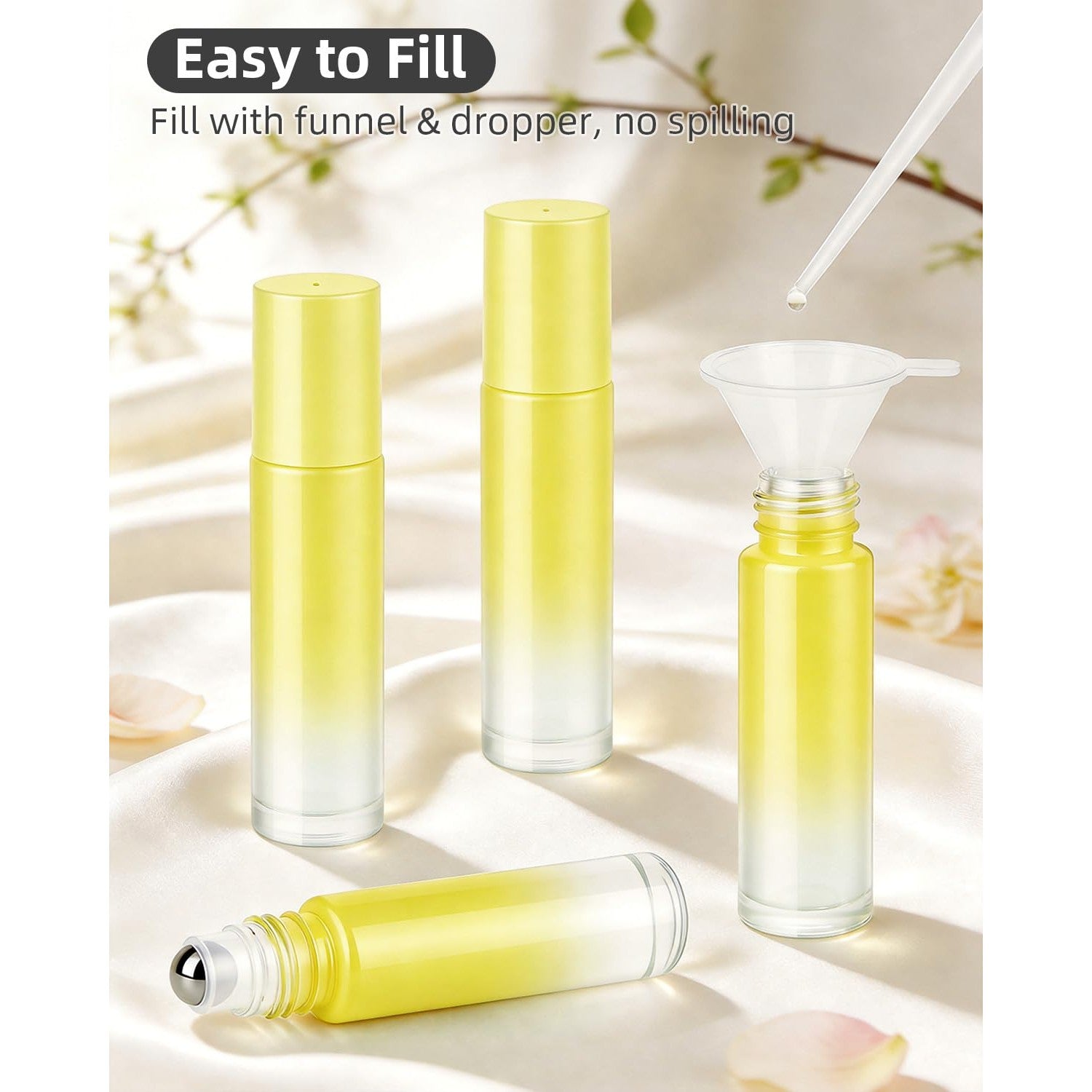Set of 12 roller bottles for essential oils; includes funnel and dropper for easy, spill-free filling. Verified by CuratCart.