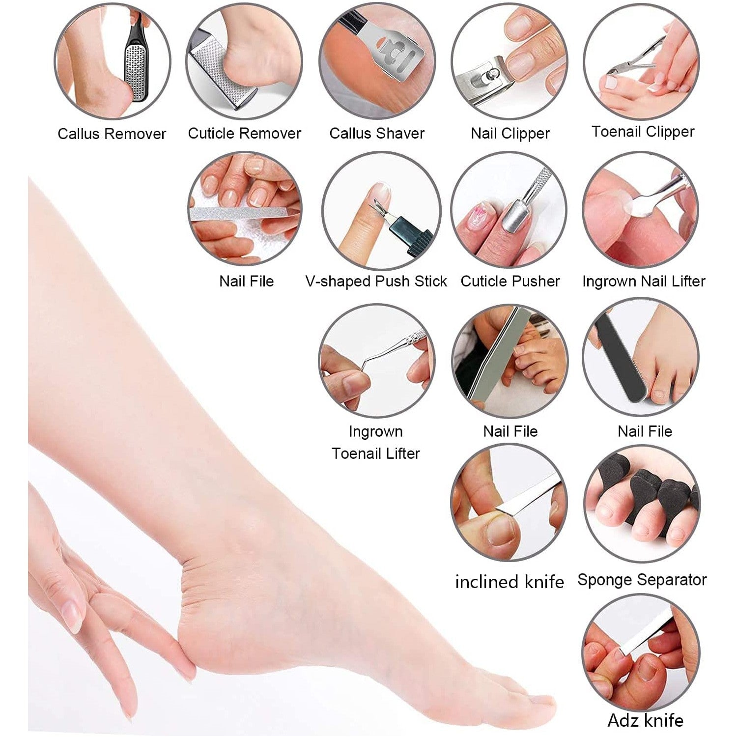 36 in 1 Pedicure Kit, Stainless Steel Foot Care Kit with Foot File | Professional pedicure kit with foot file, foot rasp, callus remover, nail clipper and cuticle pusher for home spa care.