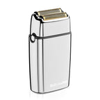 Sleek BaBylissPRO METALFX Double Foil Shaver in chrome finish; features double foil blades for a smooth shave.