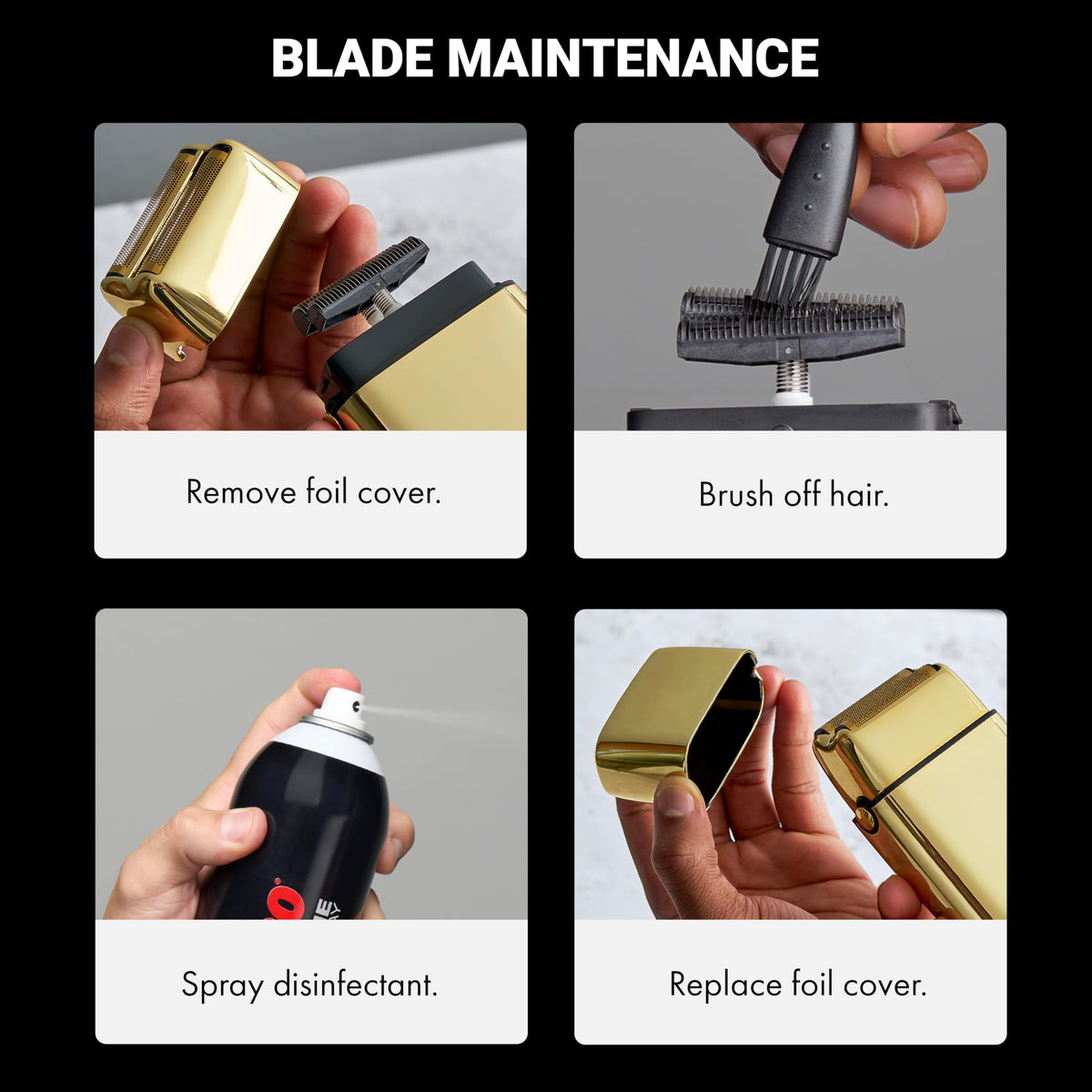 Demonstrating blade maintenance for BaBylissPRO METALFX Double Foil Shaver, including cleaning and disinfecting steps.