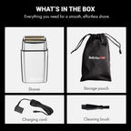 Discover the authentic BaBylissPRO METALFX Double Foil Shaver, including a storage pouch, charging cord, and cleaning brush.