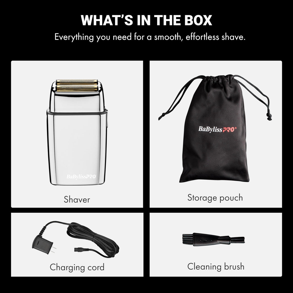 Discover the authentic BaBylissPRO METALFX Double Foil Shaver, including a storage pouch, charging cord, and cleaning brush.