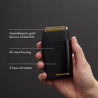 The BaBylissPRO METALFX Double Foil Shaver offers hypoallergenic gold titanium foils, all-metal housing, and 3 hours of runtime. Verified by CuratCart.