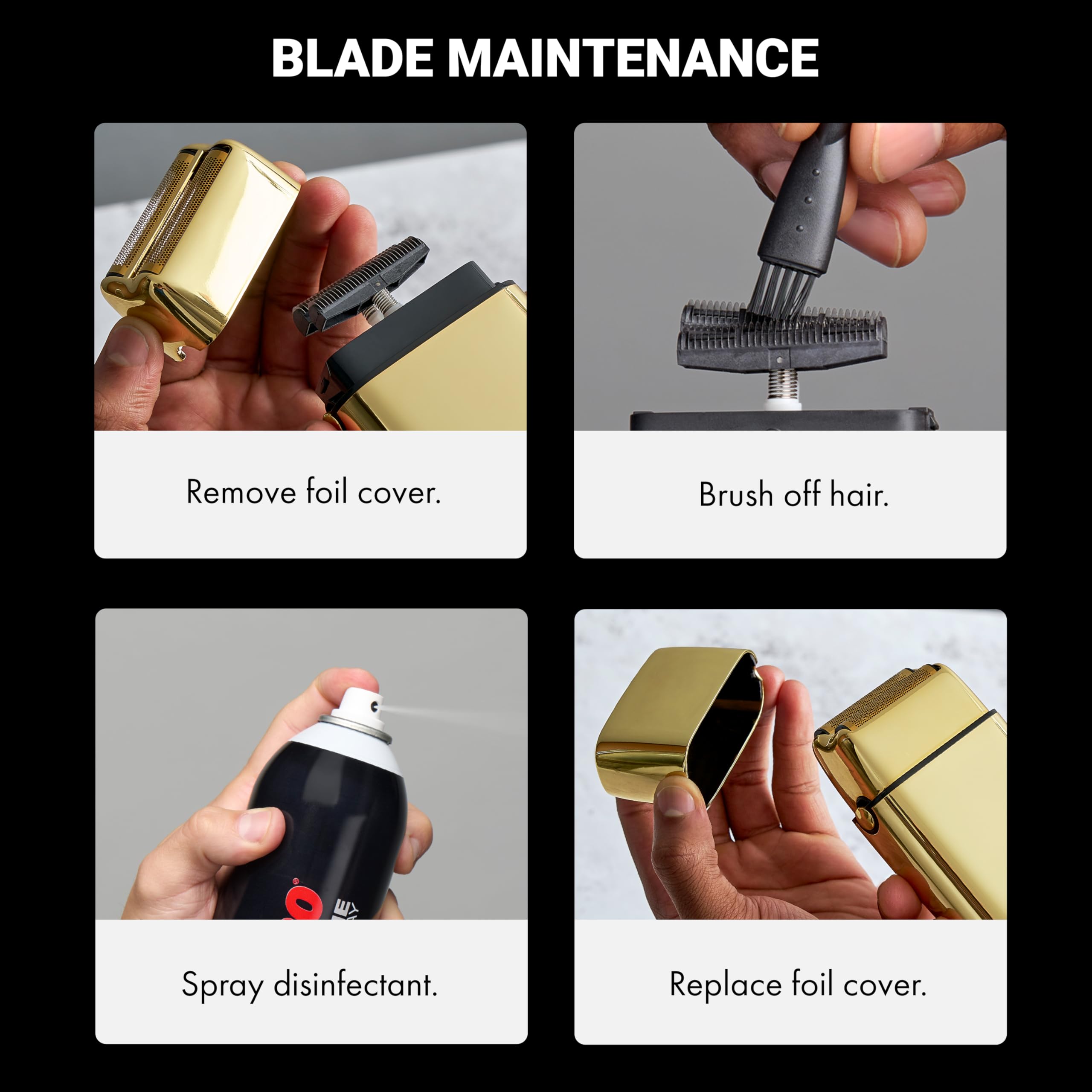 Step-by-step guide for maintaining BaBylissPRO METALFX Double Foil Shaver: removing cover, brushing hair, disinfecting, replacing cover.