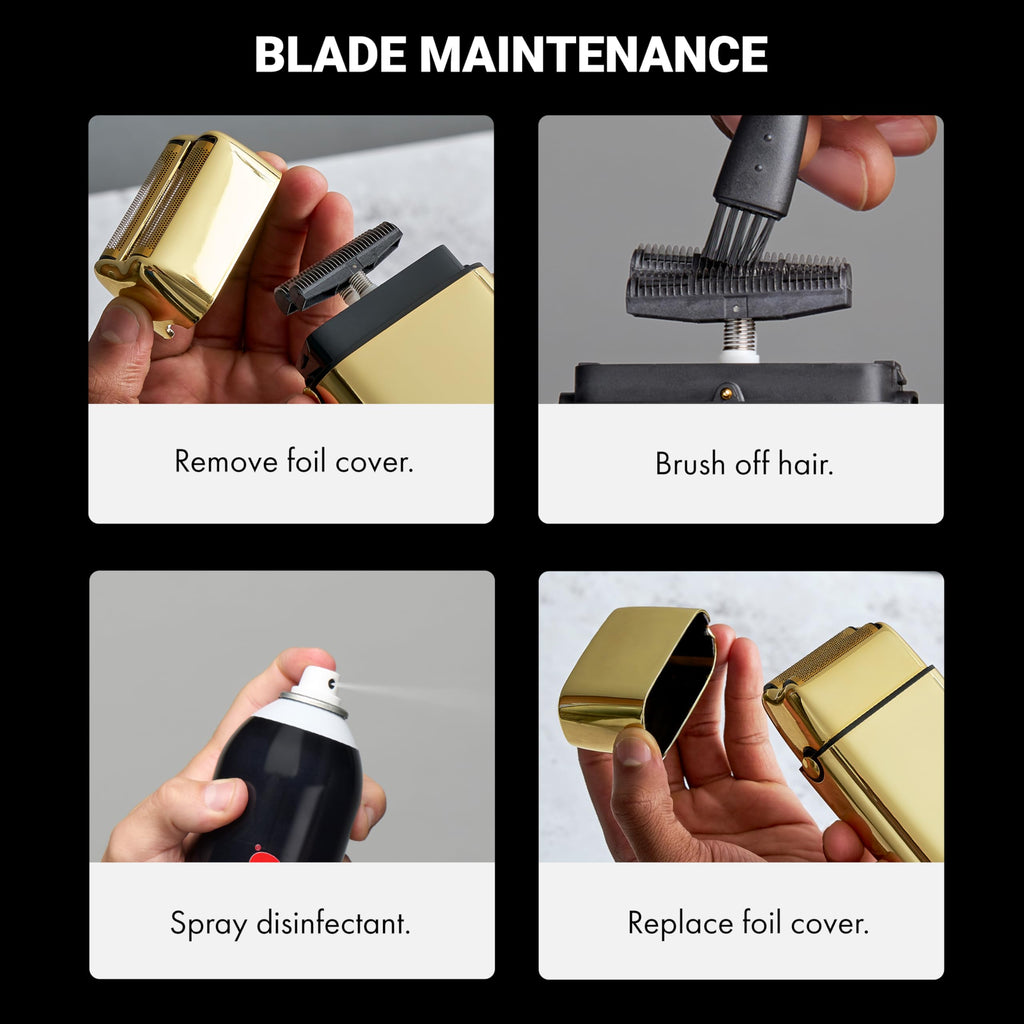 Genuine BaBylissPRO METALFX Double Foil Shaver maintenance steps: brush, spray disinfectant, and cover.