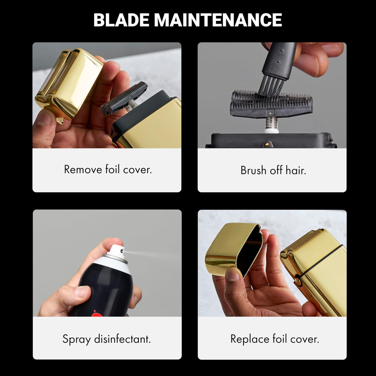 Genuine BaBylissPRO METALFX Double Foil Shaver maintenance steps: brush, spray disinfectant, and cover.