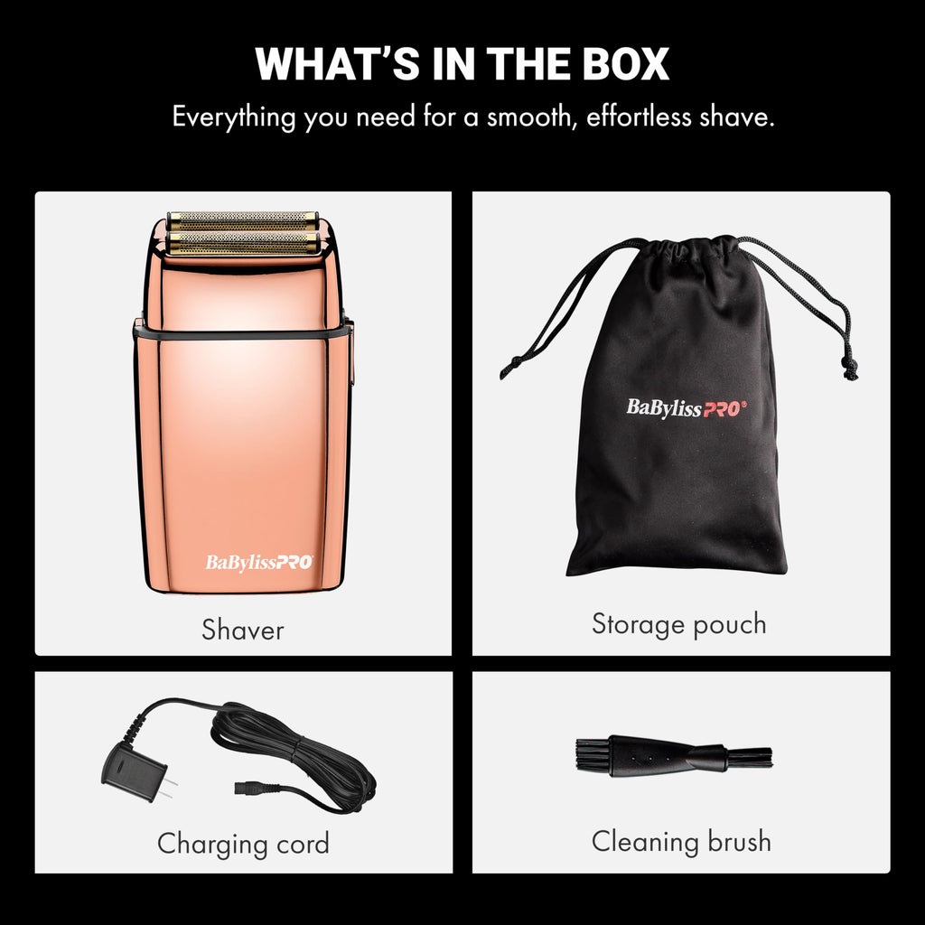 BaBylissPRO METALFX Double Foil Shaver kit with shaver, storage pouch, charging cord, and cleaning brush. Order online now!