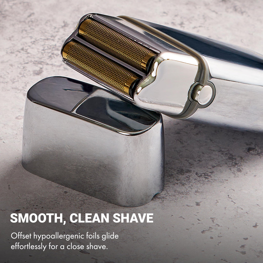 BaBylissPRO METALFX Double Foil Shaver features hypoallergenic foils for a smooth, close shave. Premium imported grooming tool.