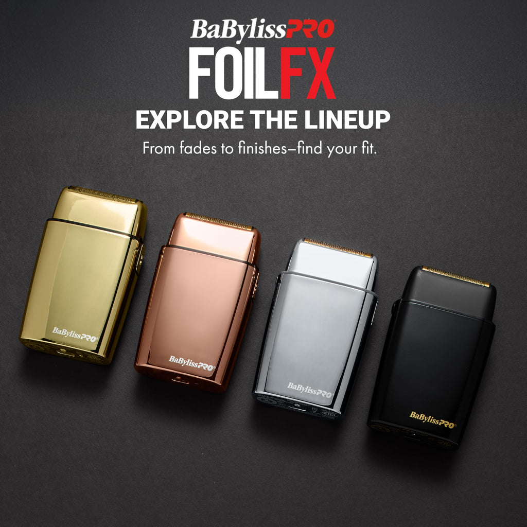 Discover the premium BaBylissPRO METALFX Double Foil Shaver lineup featuring gold, rose gold, chrome, and black finishes.