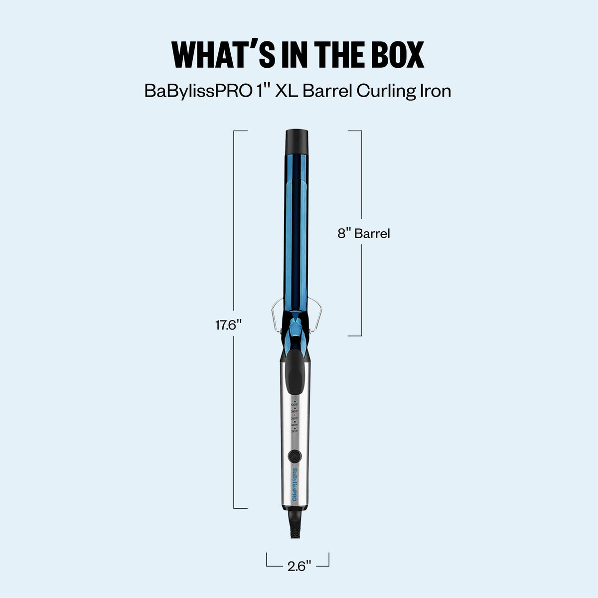 BaBylissPRO Nano Titanium 1" curling iron with an 8-inch barrel. Available online now for quick delivery.