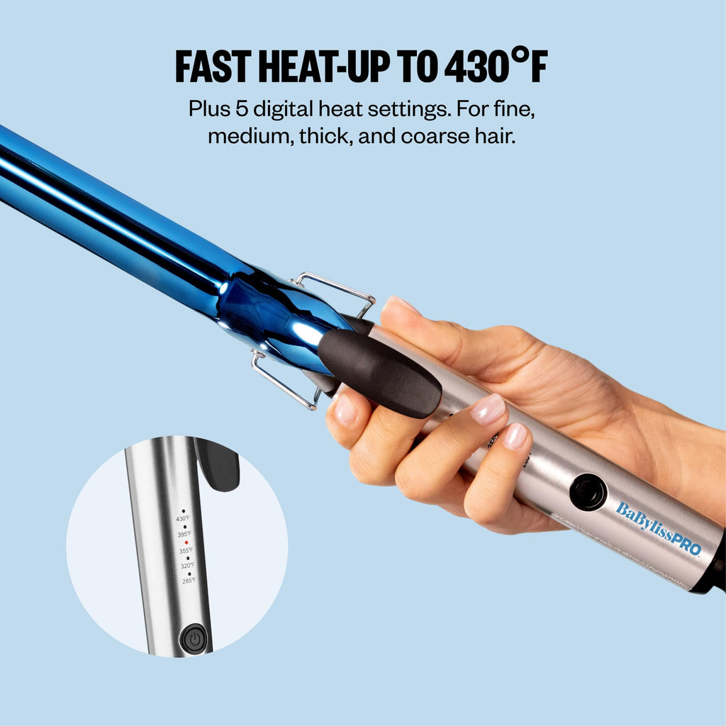 BabylissPRO Nano Titanium Curling Iron heats up to 430°F with 5 heat settings, perfect for any hair type. Verified by CuratCart.