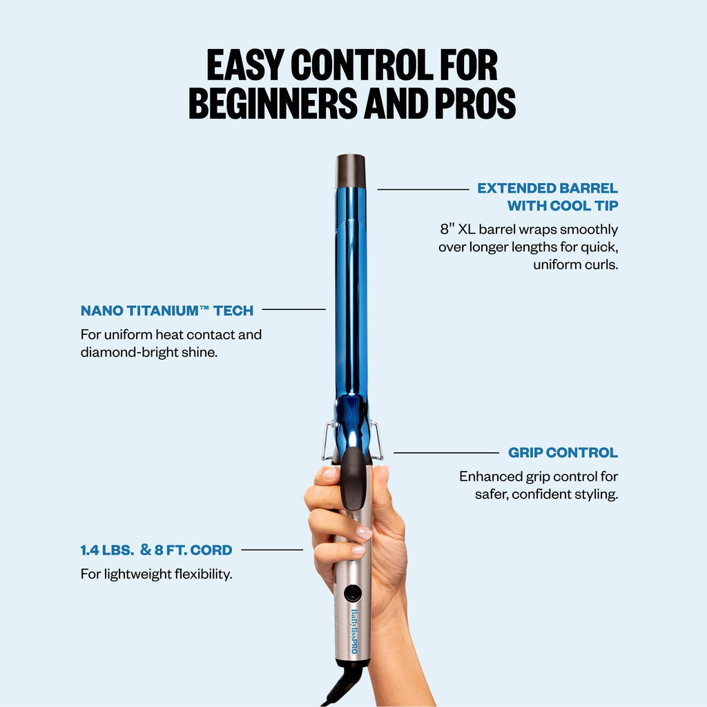 BabylissPRO Nano Titanium curling iron features an extended barrel, grip control, and lightweight design for easy use.