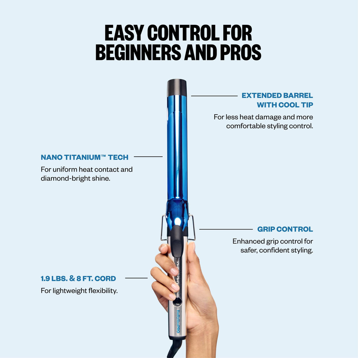 Premium imported BabylissPRO Nano Titanium curling iron features a cool tip, perfect for safe styling with enhanced grip control.