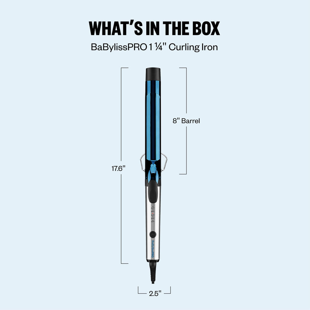 Includes BaBylissPRO 1 ¼" curling iron with an 8" barrel, featuring sleek blue design and detailed dimensions.
