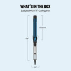 Includes BaBylissPRO 1 ¼" curling iron with an 8" barrel, featuring sleek blue design and detailed dimensions.