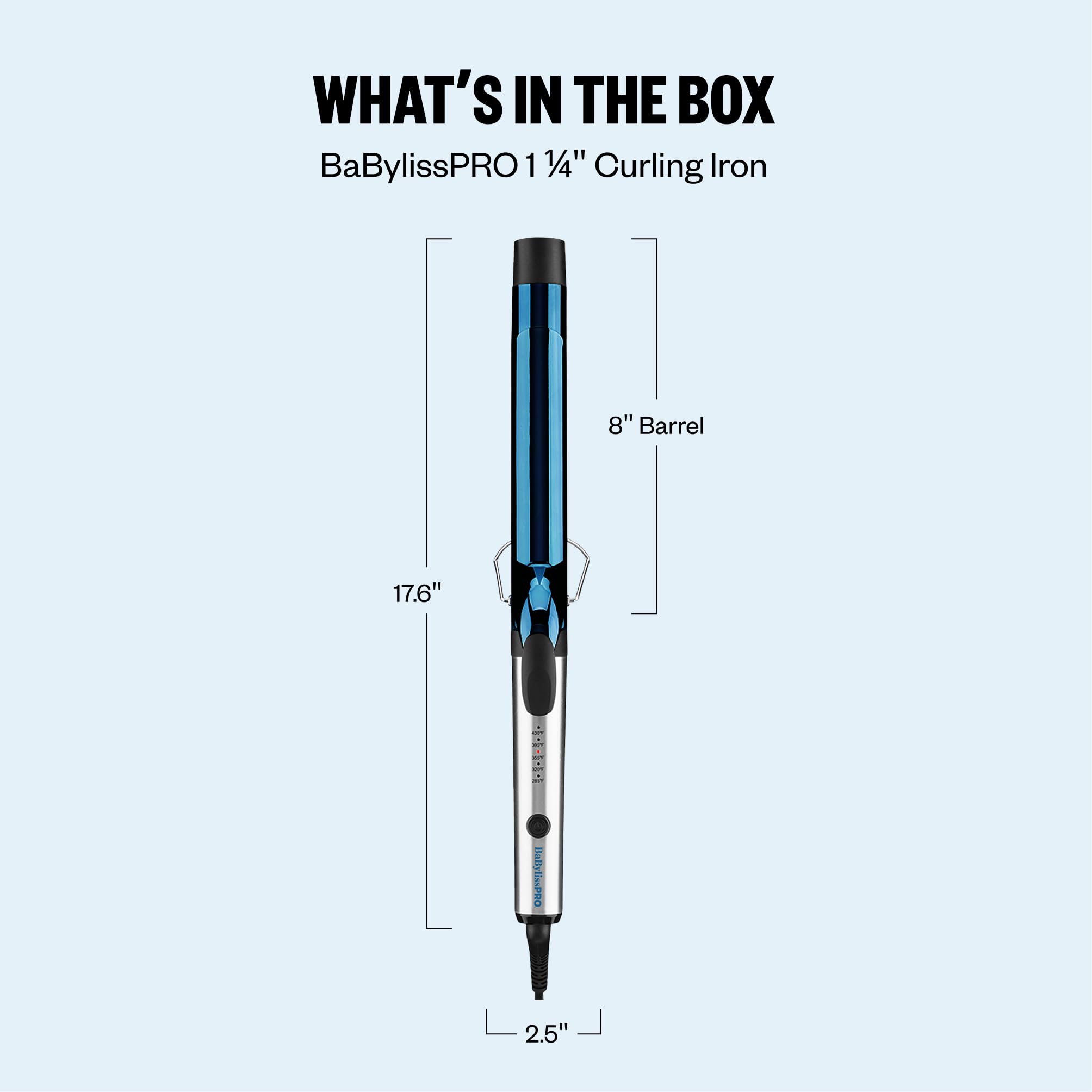 Includes BaBylissPRO 1 ¼" curling iron with an 8" barrel, featuring sleek blue design and detailed dimensions.