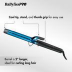 Premium imported BabylissPRO Nano Titanium curling iron with a cool tip and thumb grip for easy styling of long hair.