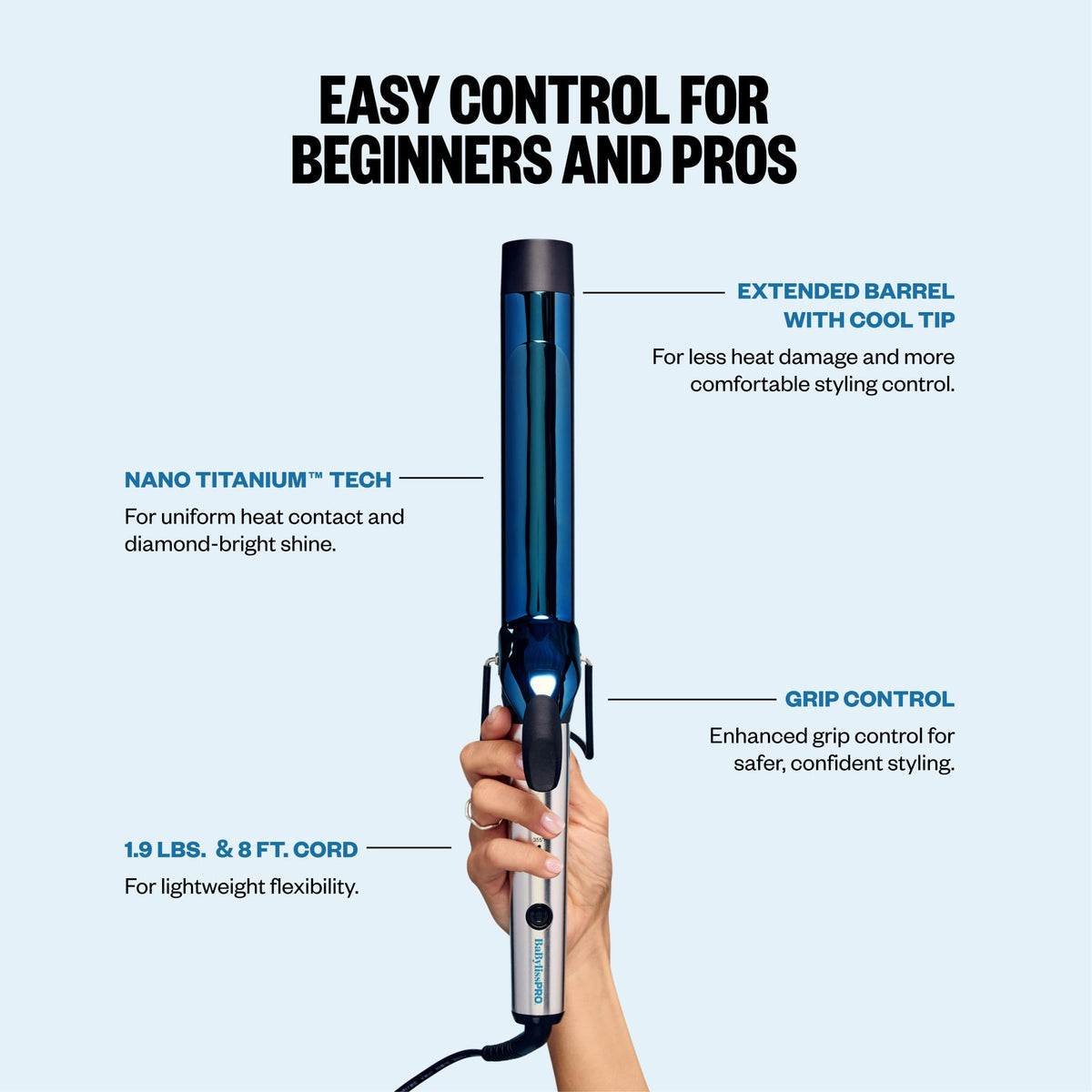 BabylissPRO Nano Titanium curling iron features a cool tip, extended barrel, and 8 ft cord for easy, professional styling.