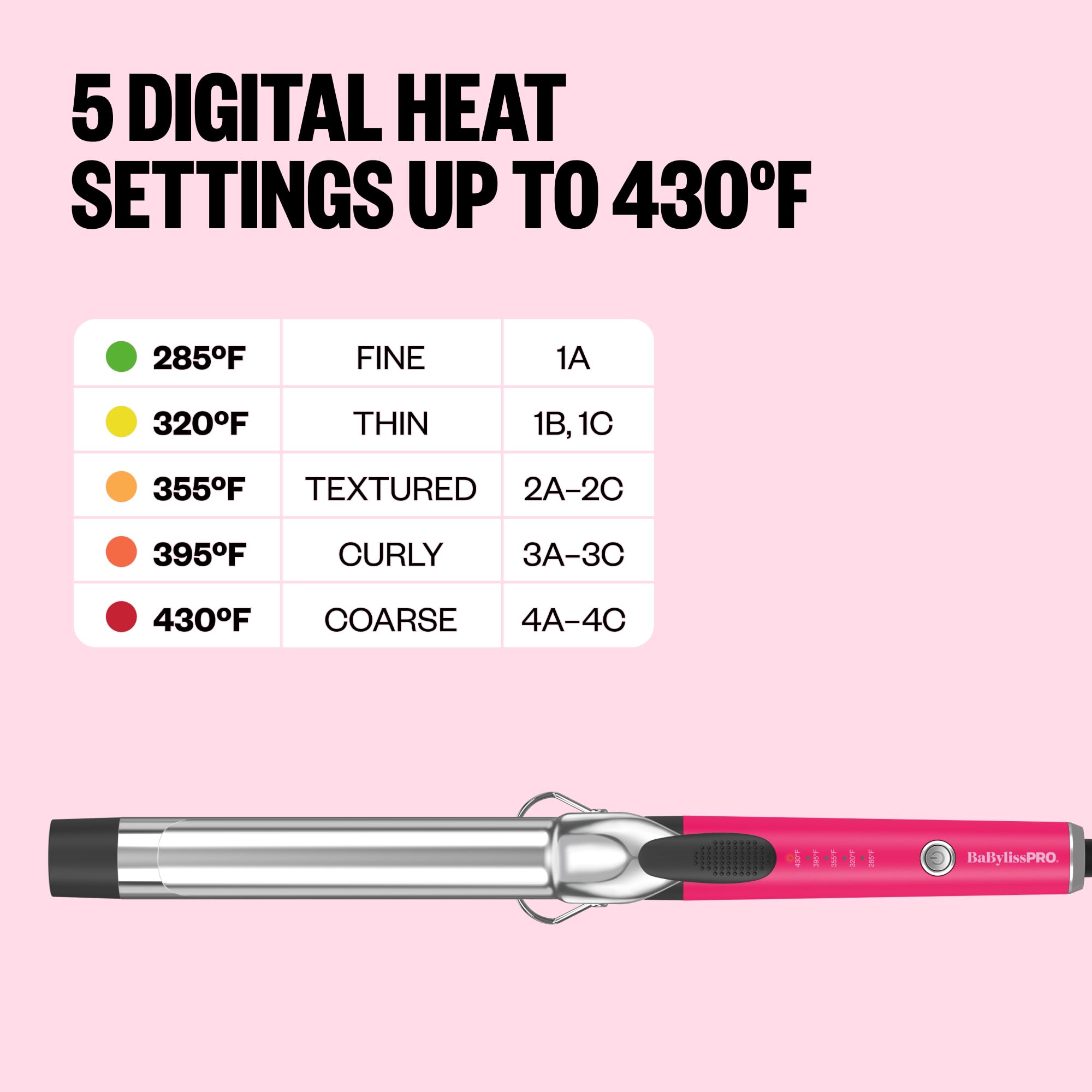 BabylissPRO Nano Titanium Curling Iron with 5 heat settings up to 430°F for versatile styling. Premium imported for professional results.