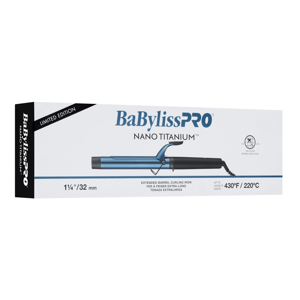 Premium imported BabylissPRO Nano Titanium curling iron with a 1¼ inch barrel and up to 430°F heat for styling.