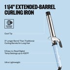 BabylissPRO Nano Titanium curling iron features a 1 1/4" extended barrel for long hair, cool tip, and 5 digital heat settings up to 430°F.
